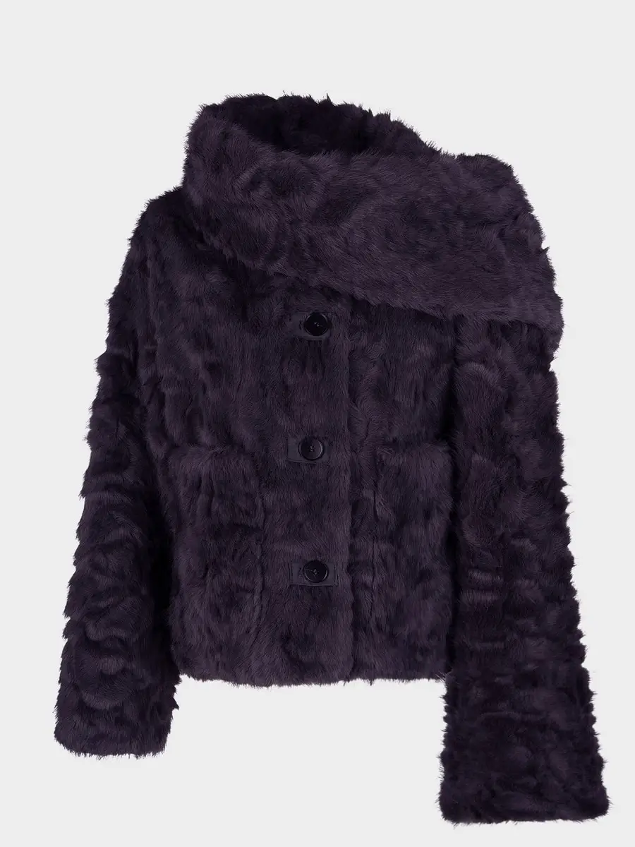 Women Dark Purple Textured Faux Fur Wrap High Collar Single Breasted Cropped Jacket, Side Pockets, Winter Warm Elegant Commuter