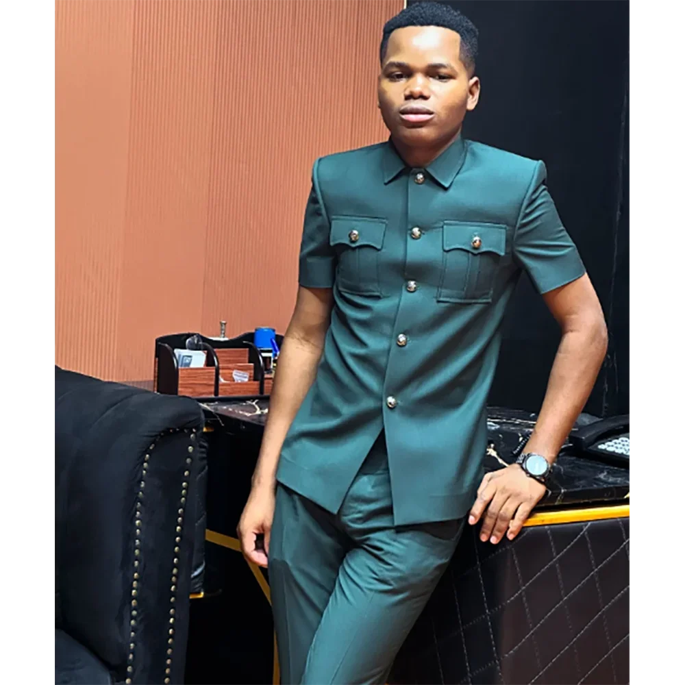 

Формальный китайский костюм-туника, мужской высококачественный однобортный мужской повседневный повседневный мужской костюм из двух предметов с короткими рукавами, комплект пиджака + брюки