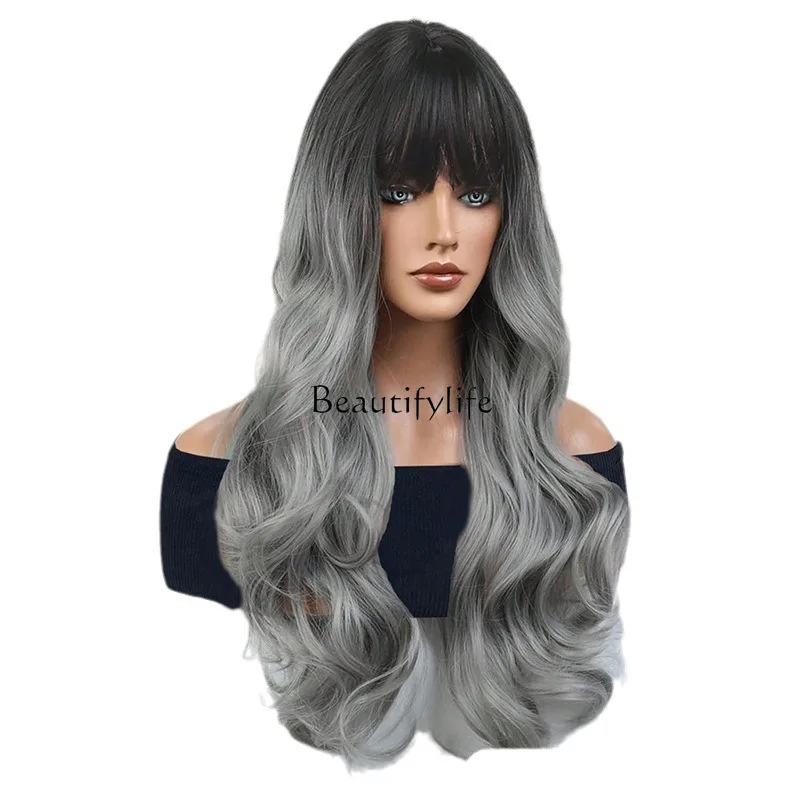 Wig full head big wave long curly hair Qi bangs women daily natural fluffy