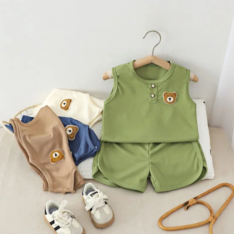 Children Casual Sets Clothes 2026 Summer Kids Sporty 2Pcs Tracksuit 1-6Y Girls Boys Waffle Bear Patch Sleeveless T-shirt+Shorts