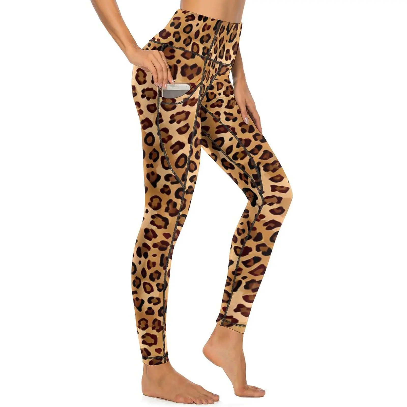 Pantalones de Yoga con estampado de leopardo y bolsillos, mallas marrones con animales, mallas deportivas elegantes de cintura alta, mallas elásticas para Fitness