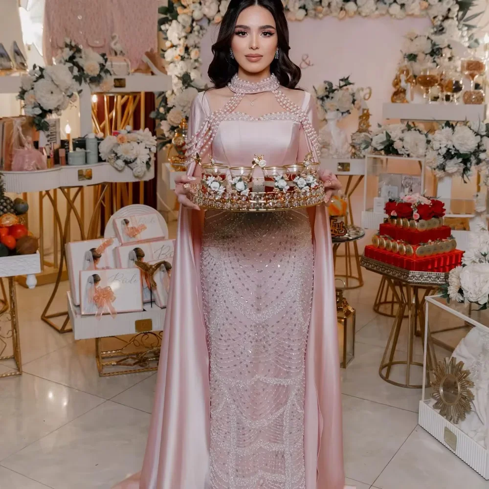 

2025 New Saudi Arabia Luxury Beading Sequins Pearls Evening Dress With Cape Elegant Slim Glitter Mermaid Dress