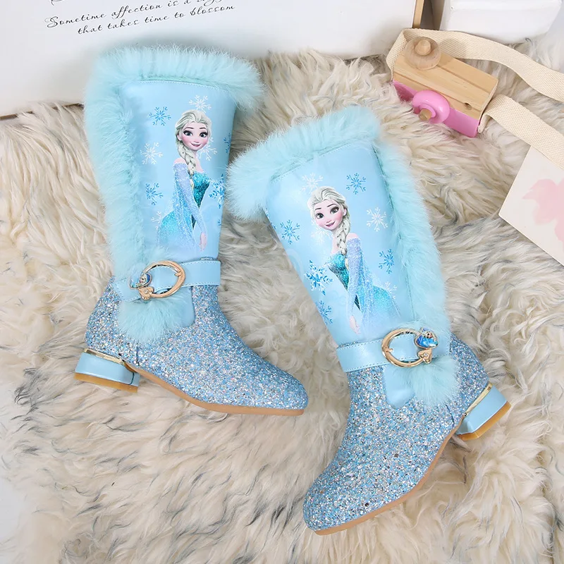 Girls High Heel Boots Autumn And Winter New Children\'s High Tube Plush Snow Boots Elsa Princess Long Boots