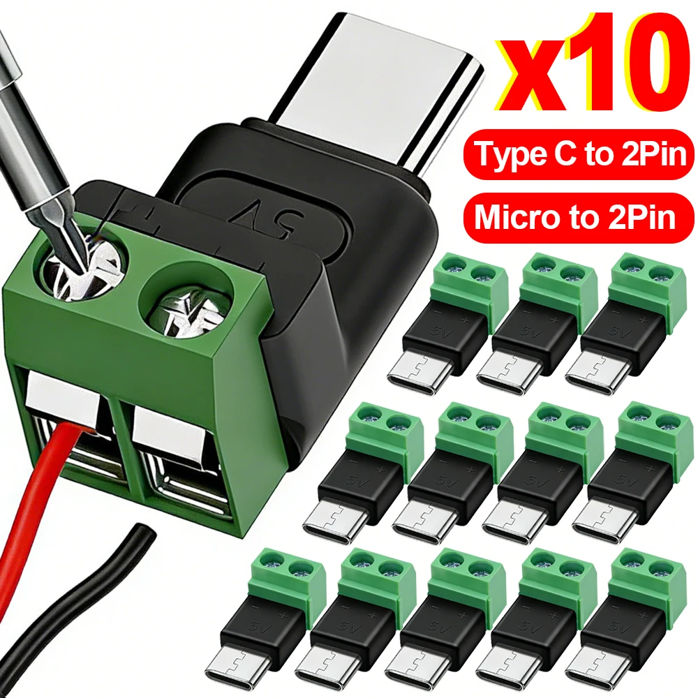 Conector de Carga Tipo C/Micro Hembra a Bloque de Terminales de 2 Pines Sin Soldadura, Conector USB C de 5V con Terminal de Tornillo Sin Soldadura, Adaptadores OTG