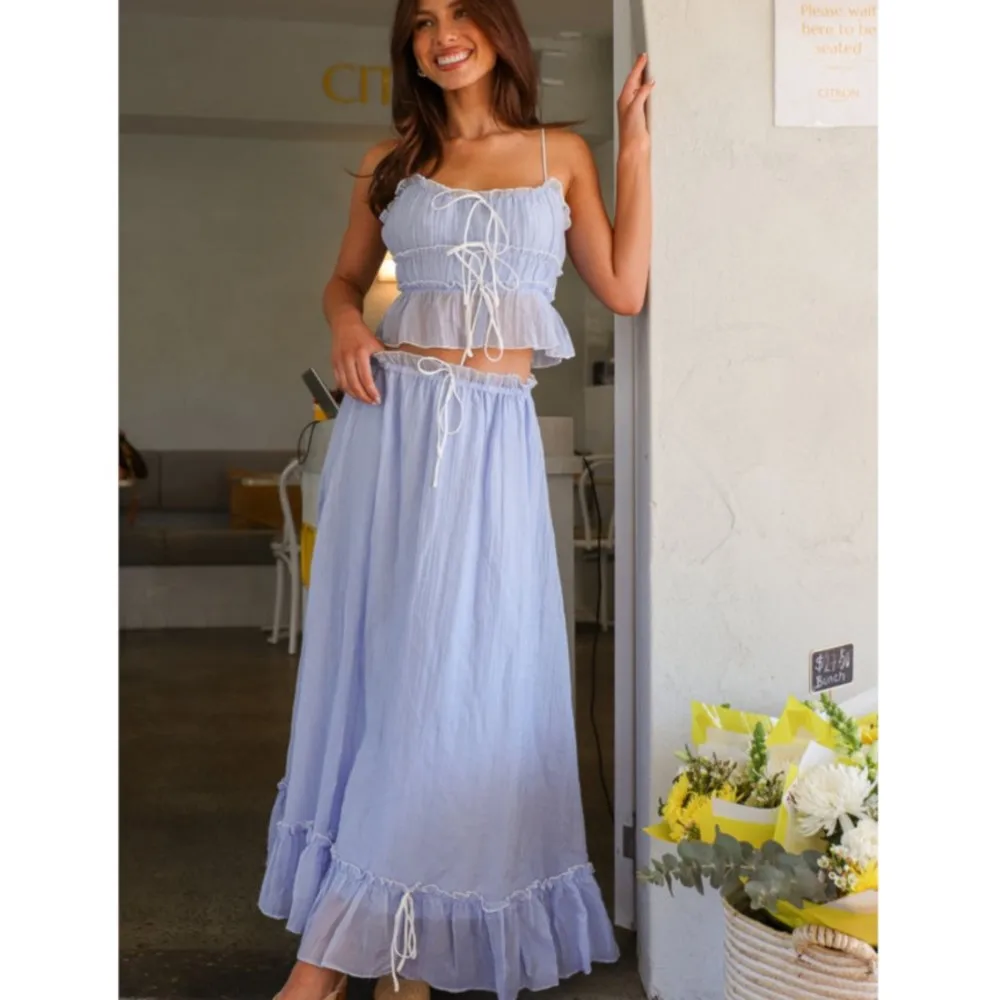 

Summer Sexy Suspender Suspender Bow Pleated Top + Skirt 2piece Set Fashion Slim Elegant Fairy Women Seaside Vacation Suit Skirt