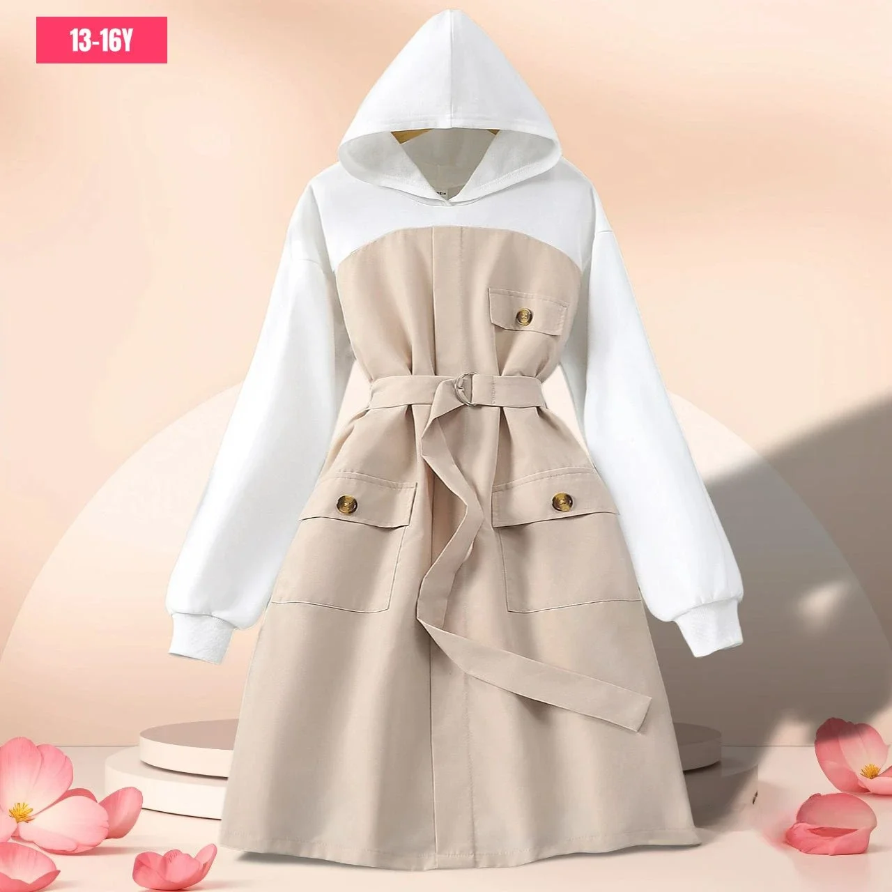 

Kid Girls Dress Hooded Khaki Long Sleeve Spring Autumn Children Dress Fashion Soft Solid Color Comfort Girls Clothing 8-12 Years
