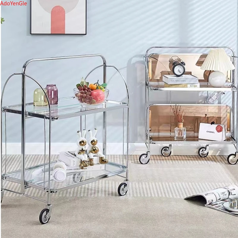 INS moving Side table Modern transparent Glass coffee table Folding trolley with wheels Corner Storage Shelf home furniture