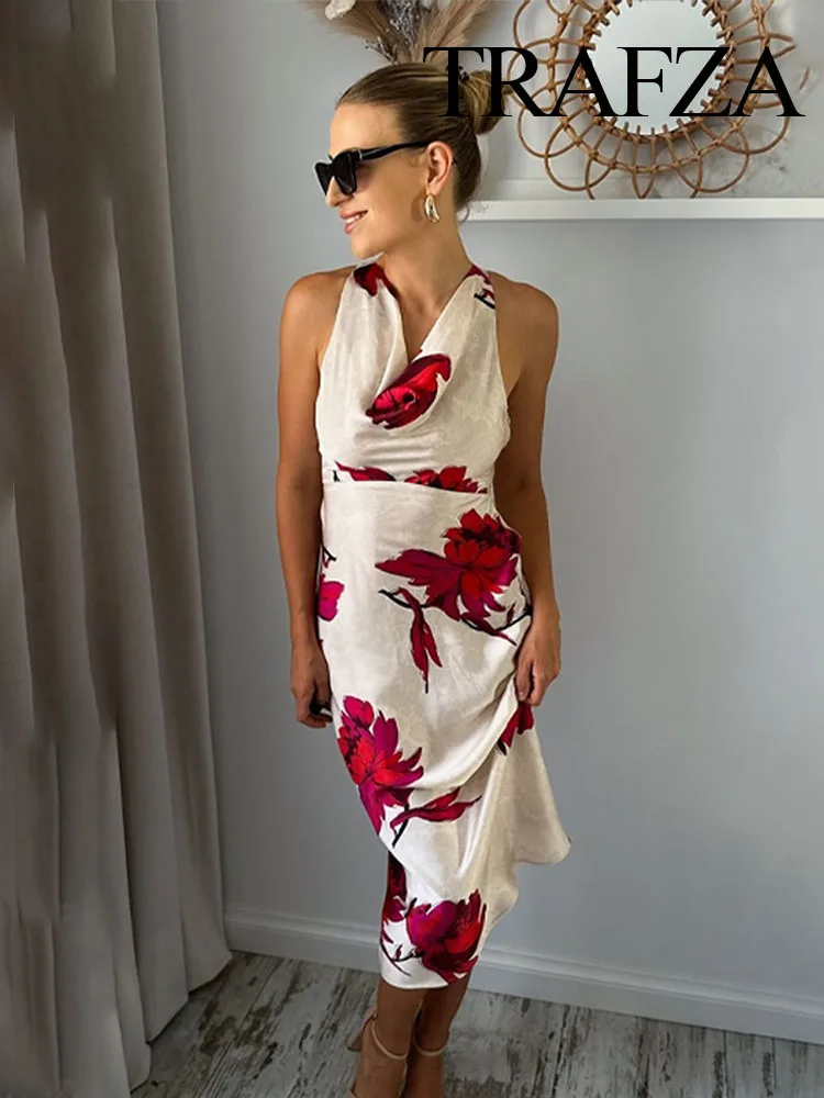 

TRAFZA Woman Elegant Chic Zipper Folds Decorate Beach Dress Women Summer Floral Print Sexy Backless Sleeveless Midi Dress