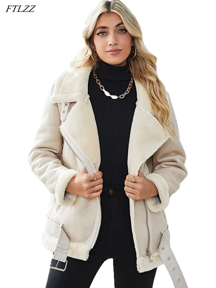 FTLZZ Autumn Winter Women Moto Biker Faux Sheepskin Fur Jacket with Belt Turn Down Collar Zipper Thick Warm Female Coat Outwear