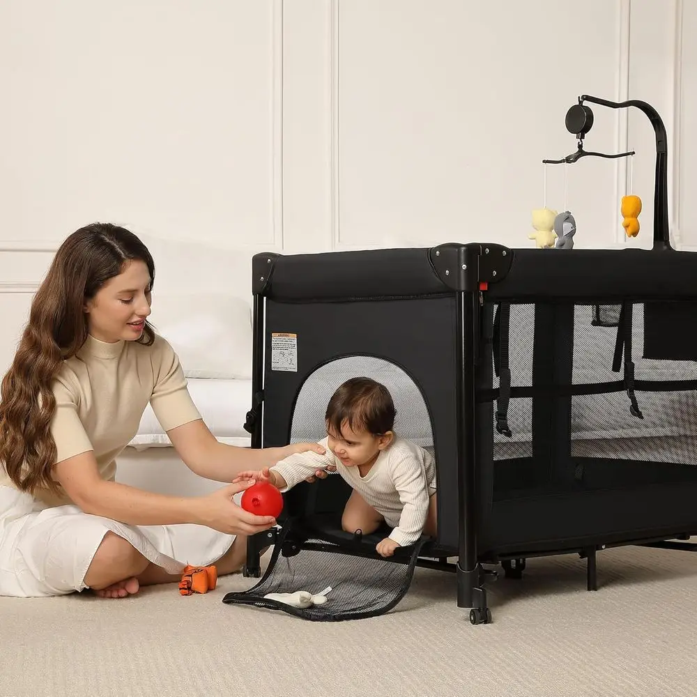 Breathable Mesh Steel Frame Play Yard - Foldable Bassinet, Crib, Changing Table for Newborn to Toddler (Black)