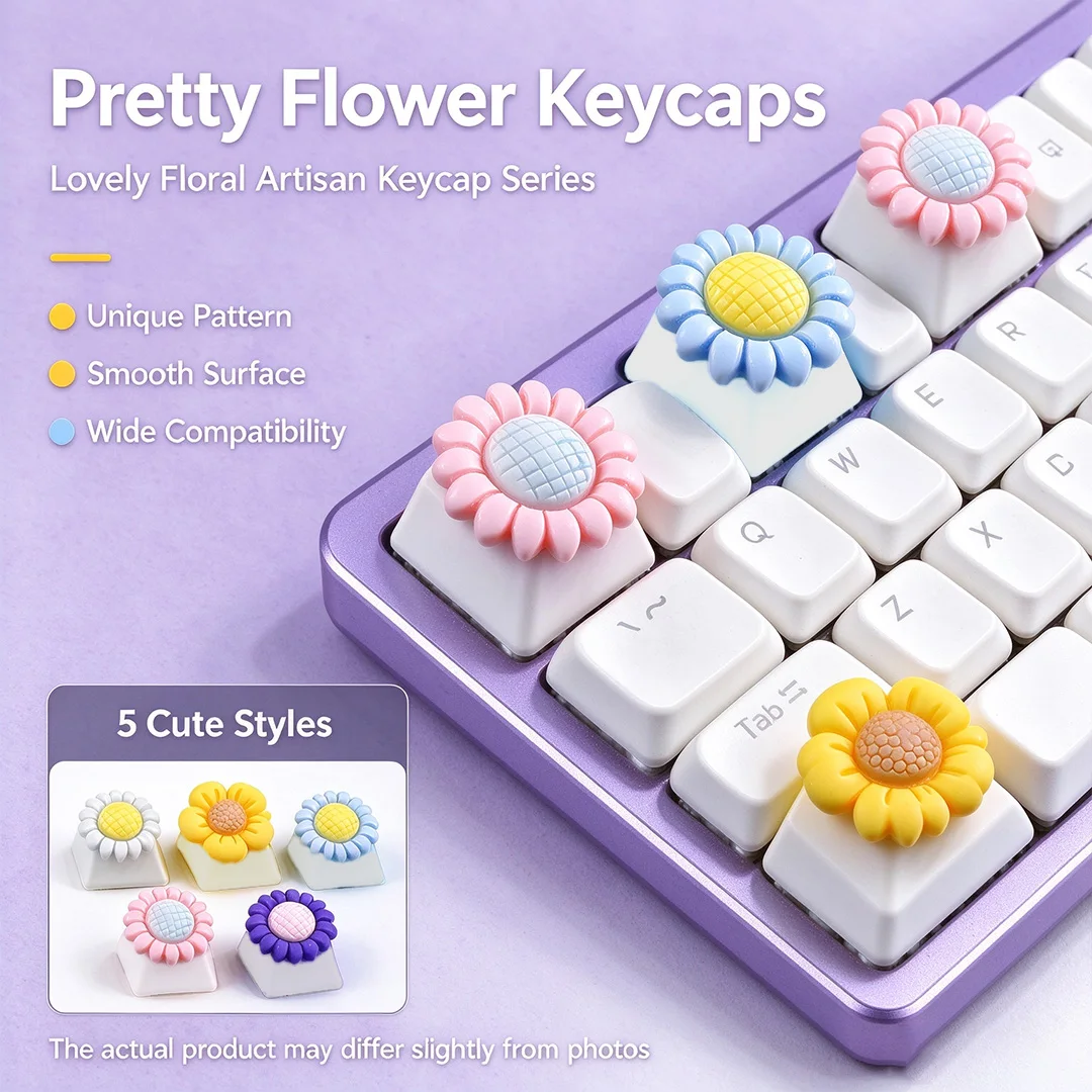 Flower Keycap, Cute Sunflower Artisan Key Cap for Cherry MX Switch Gaming Keyboard Gift