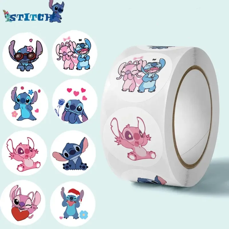 Disney-pegatinas de Stitch para niños, rollo de pegatinas redondas de dibujos animados para fiestas, DIY, 500 piezas