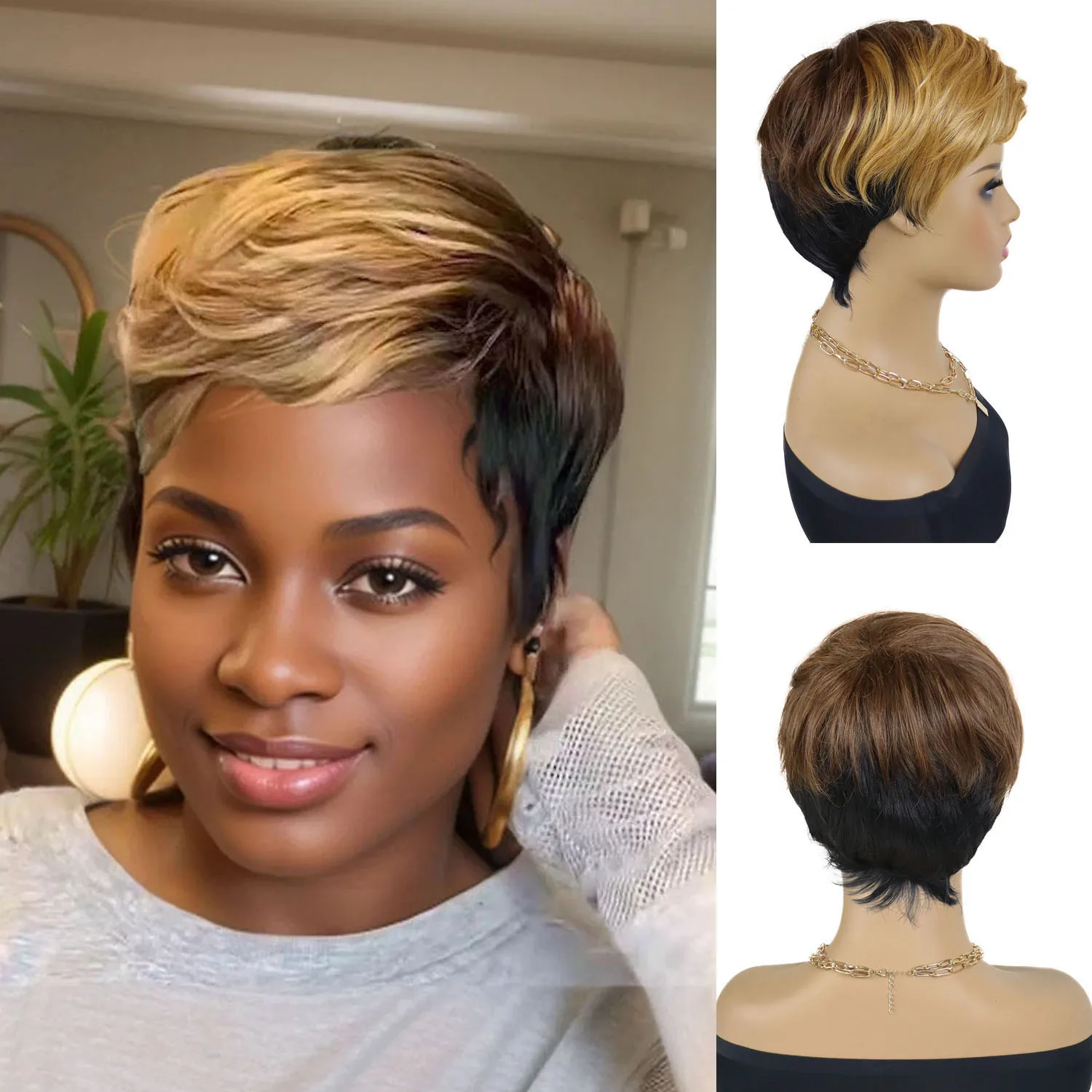 

Pixie Cut Wig with Bangs for Women Short Synthetic Hair Full Brown and Blonde Curly Wigs for Lady Natural Hairstyle Drag Queen