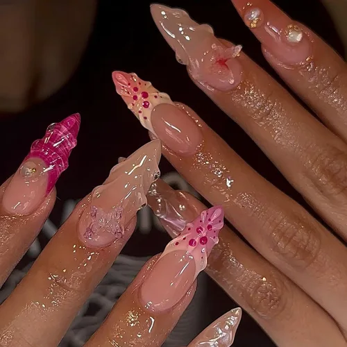 Imagen 1 del producto 24 Uds. Puntas de uñas postizas de estilo francés, diseños de concha de mariposa con forma de gota de agua 3D, uñas postizas largas reutilizables de almendra para verano