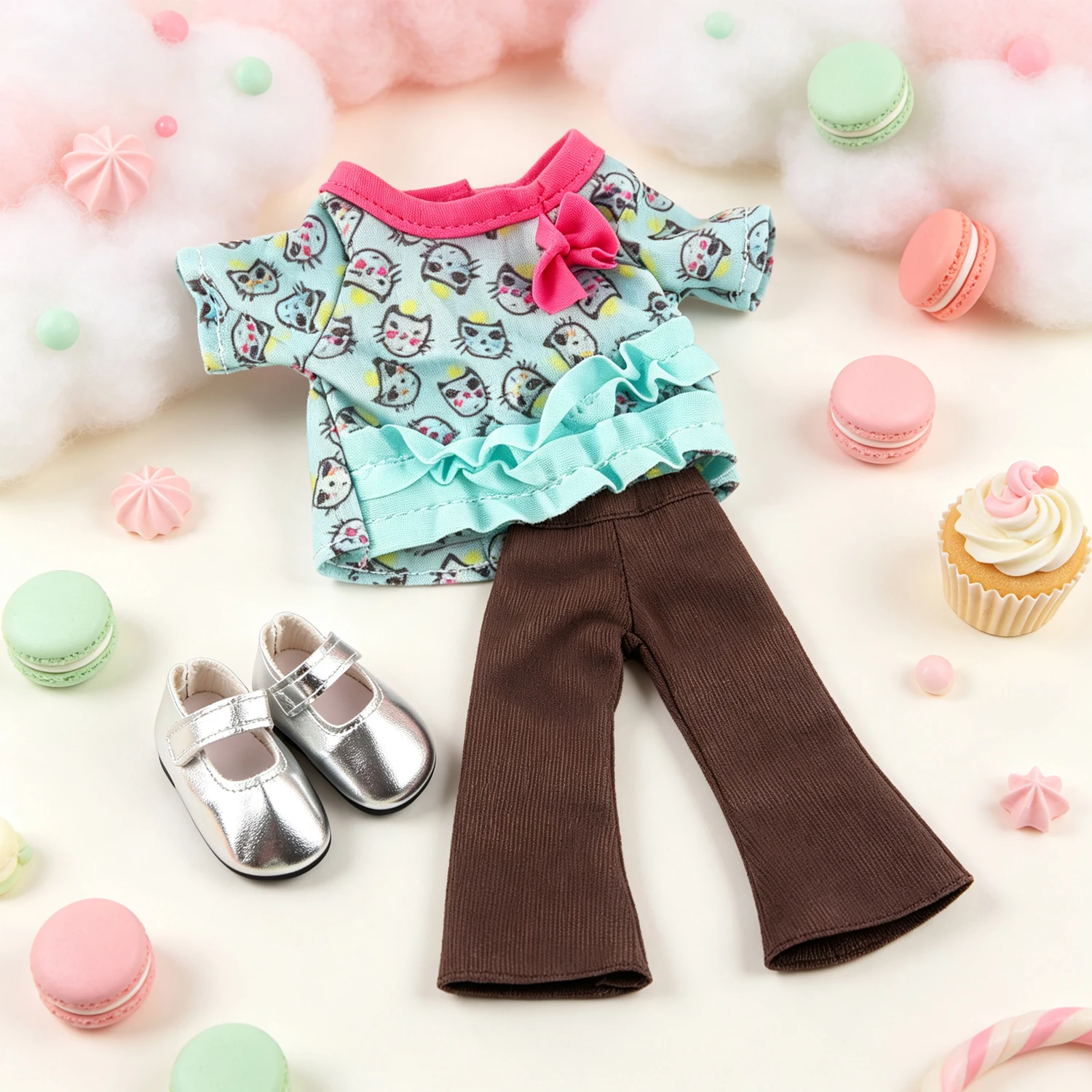 Cute 14 Inch American Doll Outfit Cat Print Top Corduroy Flare Pants Silver Shoes For 30-35cm Baby Girl,Nancy,Lisa Dolls Costume
