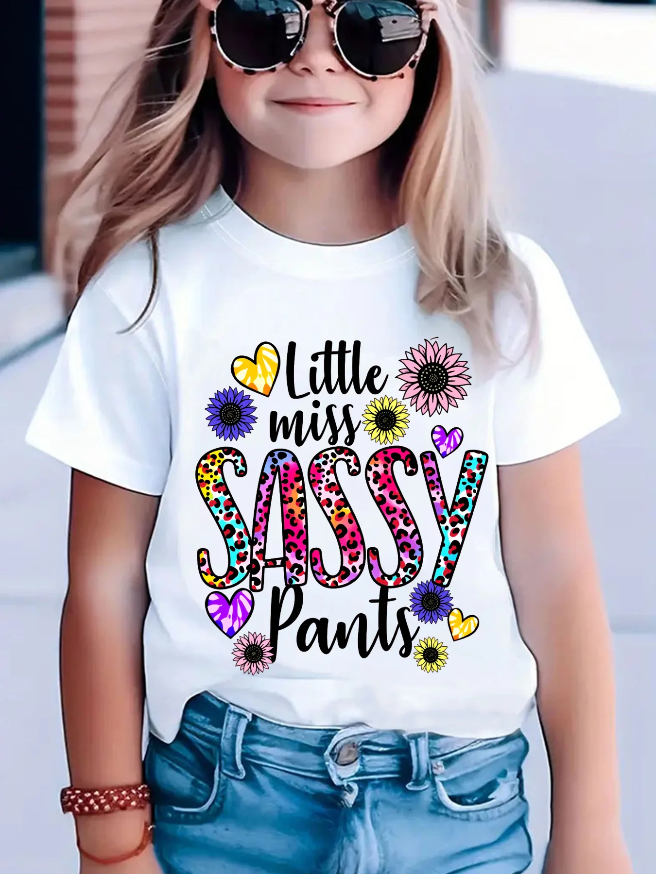 Children and Girls Fun 'Little Miss ASAAY' Chrysanthemum Letter T-shirt Novelty Personality O-neck Short Sleeve Children and Girls Daily Fashion Trend Items Summer Home Outdoor T-shirt