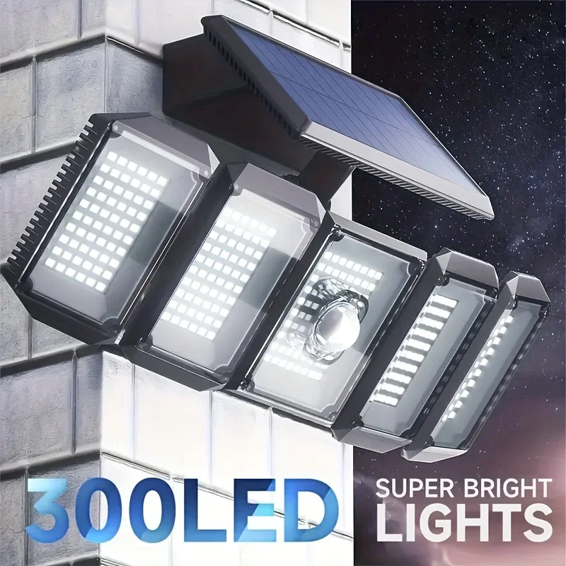 5 Heads Solar 300 LED Light Outdoor Motion Sensor Wide-angle Illumination Wall Lamp Garden Courtyard Street Lights