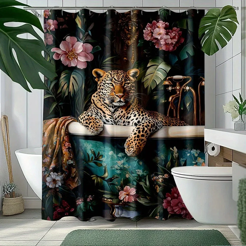 Tropical plants and the energetic leopard Shower Curtain Washable Dirt-Resistant Shower Head waterproof Polyester Bath Curtain