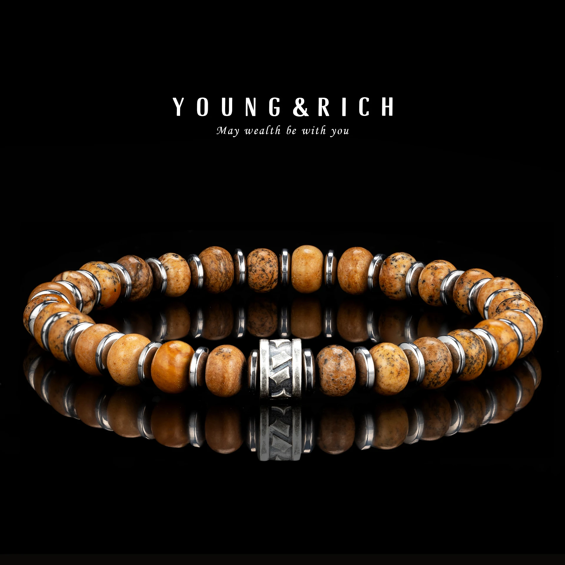 

YOUNG & RICH Men's Picture Jasper Bracelet, Earth Tone Stretch Jewelry, Ideal Gift for Boyfriend/Husband