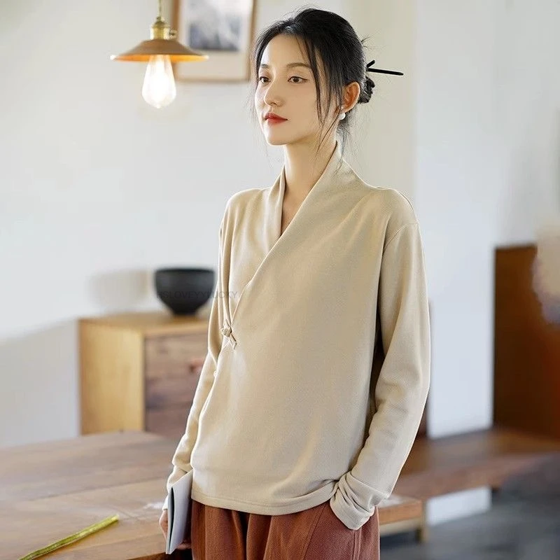 Double-sided Velvet button-down Base Layer For Women Indoor And Outdoor Wear Autumn And Winter Chinese V-neck Design Blouse