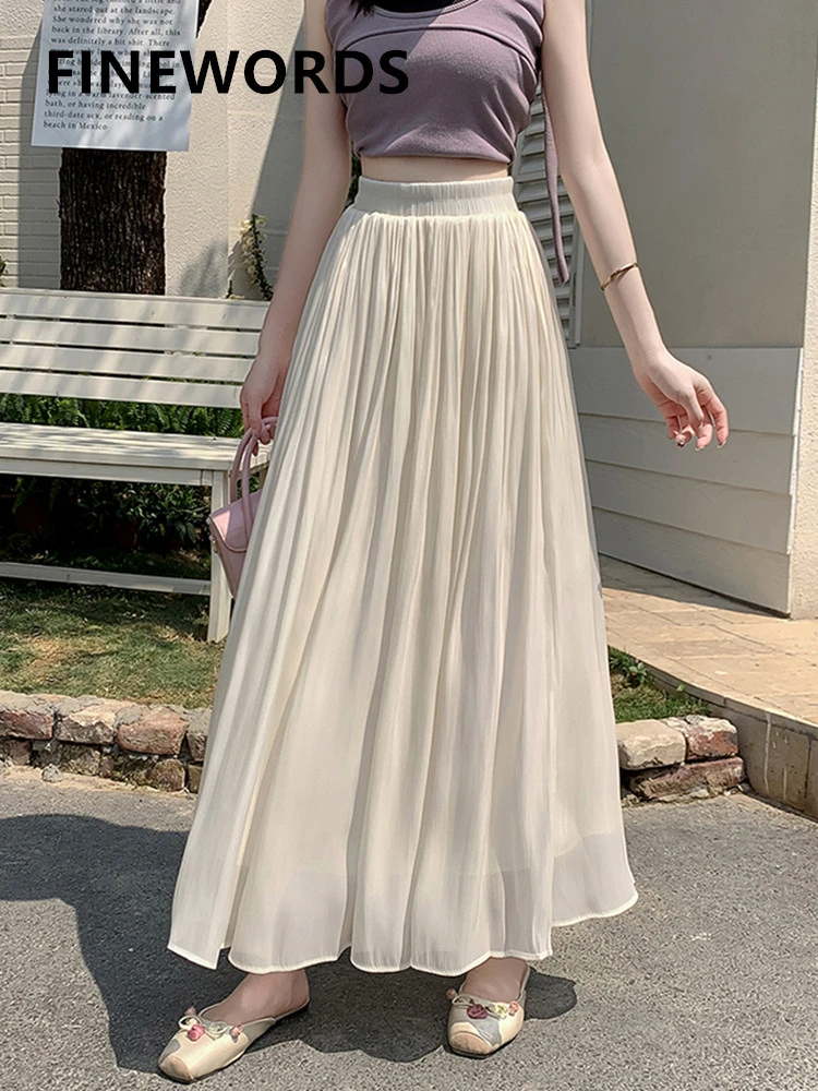 

FINEWORDS Vintage Chiffon Long Skirt Casual High Waist Midi Skirt Streetwear Daily Wear Solid Korean A Line Skirt