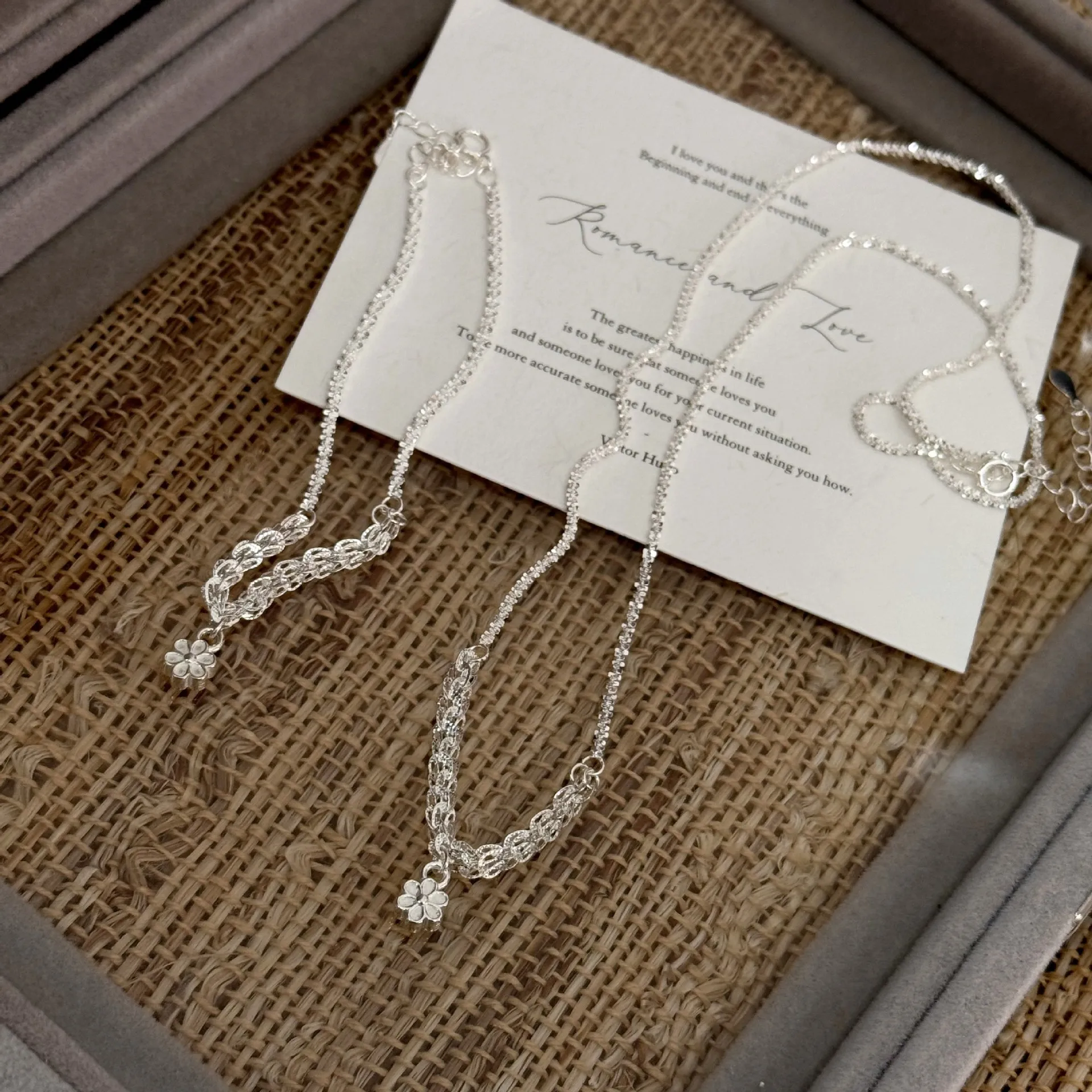 

S925 Sterling Silver Girls Flowers Sweet Pendant Necklace Patchwork Shiny Star Chinese Bracelet Jewelry Set