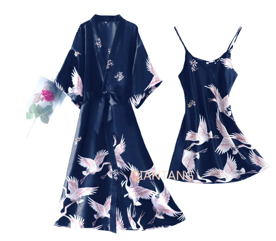 Sexy Nightwear Gown Set Women 2PC Pyjama V-Neck Pajamas Silky Sleepwear Spring Lady Sleep Suit Robe Wear Home Negligee Homewear