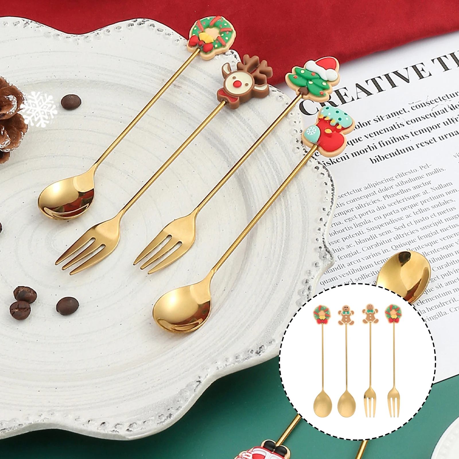 

Plastic Christmas Cutlery Set Dessert Spoon Fork Smooth Edge Child Gift Dinnerware Cartoon Stainless Steel Party