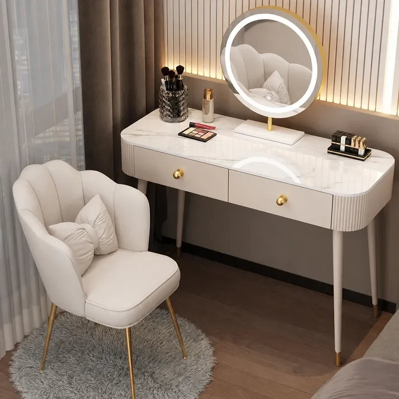 Solid Wood and Rock Slab Countertop Dressing Table Modern Simple Bedroom Vanity Desk with Storage Light Luxury Style