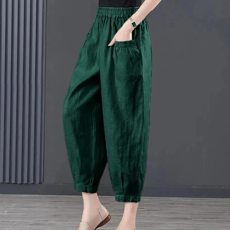 Ice Silk Cotton Linen Pants For Women Spring Summer Elastic High Waist Harlan Pant 2024 New Casual Loose Thin Ankle-Length Pants
