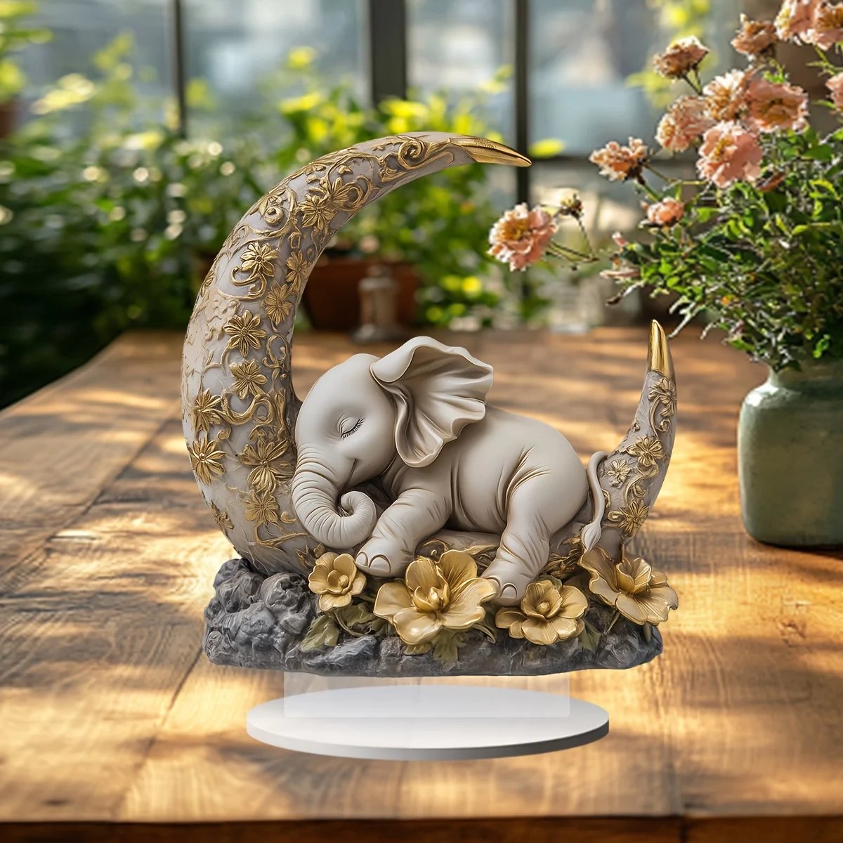 2D Acrylic Ornament Elephant Moon Crescent Animal Themed Decor Tabletop Ornament Home Office Cafe Holiday Decor No Electricity