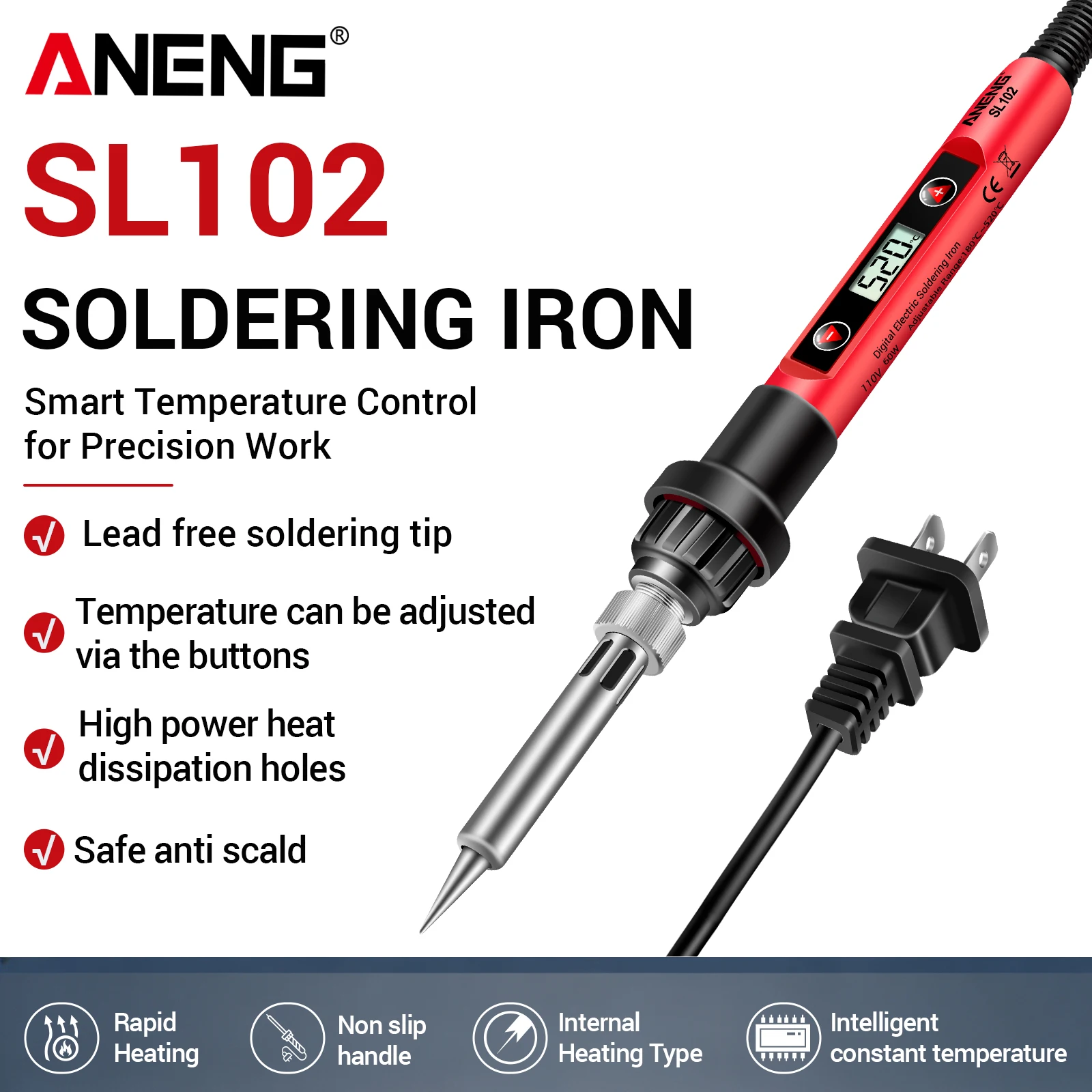 ANENG SL102 Digital Soldering Iron 60W 180‑520℃ Adjustable Temp 110V US Plug LCD Screen Hand Welding Repair Tool for Electronics