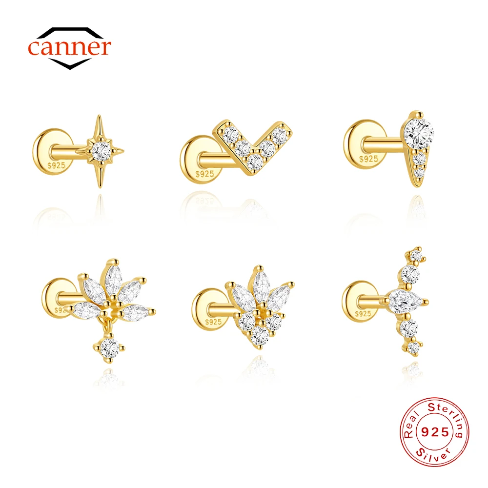 CANNER 1PC 925 Sterling Silver Star Love Horse Eye CZ Stud Earrings Cartilage Helix Flat Back Piercing Jewelry For Women Gift