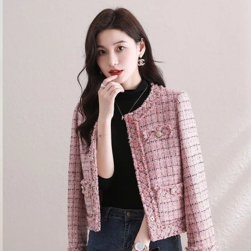 Korean Chic Woman Tweed Jacket Long Sleeve Tweed Blazer Pink Coat Cropped Jacket Luxury Outerwear Pocket Button New