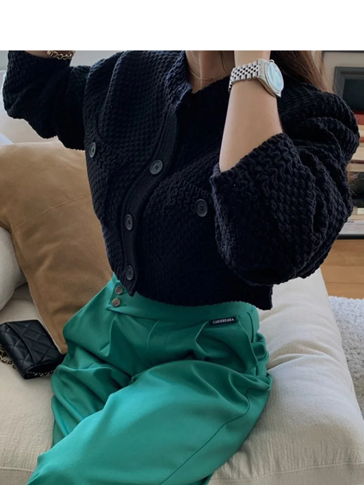 موضة جديدة محبوك قصيرة Caridgan النساء البلوزات طويلة الأكمام واحدة الصدر سترة معطف س الرقبة الخريف الشتاء محبوك القمم #4