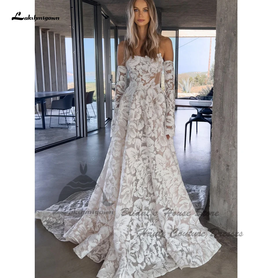 Lakshmigown Luxuriöse Spitzen-Boho-Hochzeitskleider 2026 Funkelnde Pailletten-Strandbrautkleider mit Abnehmbaren Langen Ärmeln Maßanfertigung – Detail 6