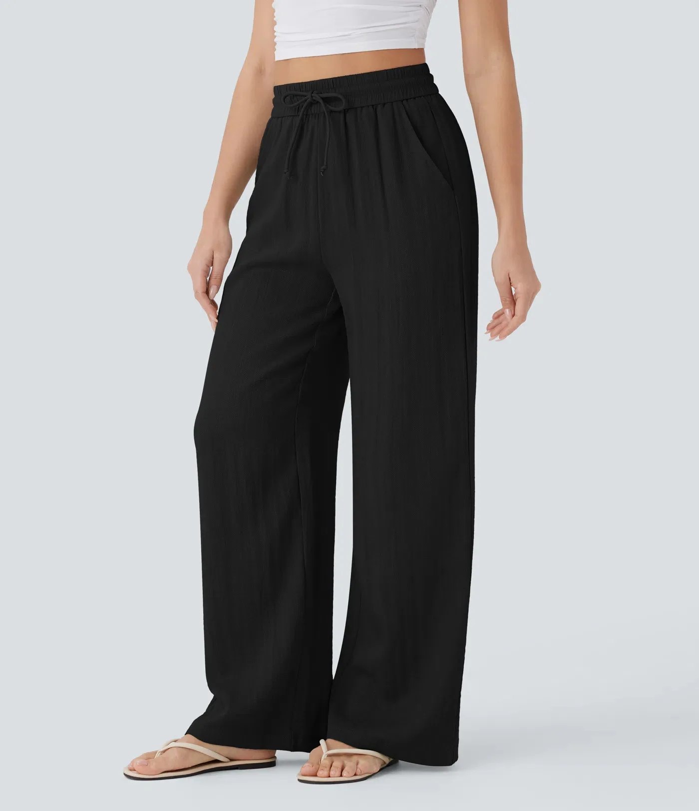 

Women Drawstring Side-Pocket Wide-Leg Linen Pants Casual Wide Leg Elastic Waist Cargo Pants