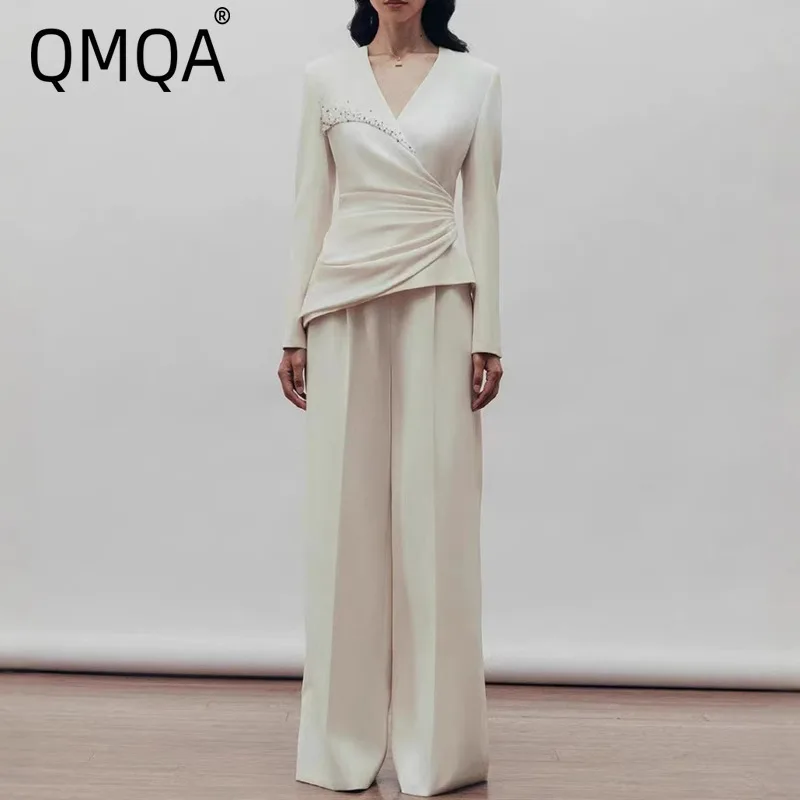 QMQA Fashion Women's Elegant 2 Piece Set V Neck Diamonds Spliced Pleated Waist Blazer Coat Wide Leg Pants Sets 2025 Female QM56