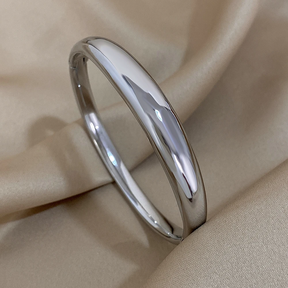 Classic Glossy Thick Curve Bracelet Stainless Steel Bangle for Women Men Cuff Wirstband Smooth Waterproof Charm Bracelet Jewelry