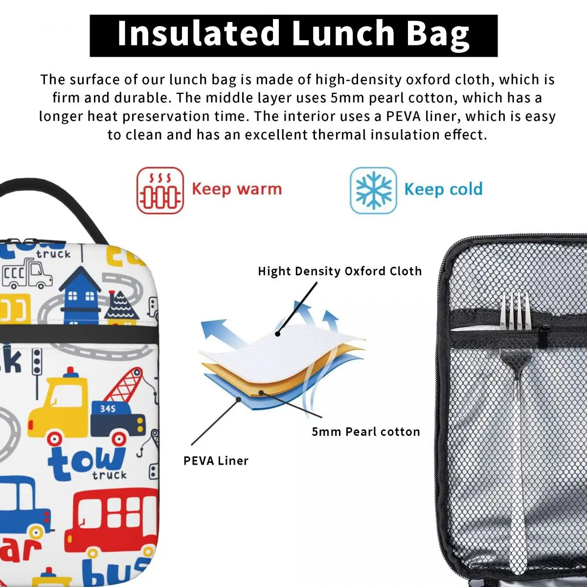 Torba na lunch z motywem buldożera, koparki i wozu strażackiego, torba termiczna na lunch dla mężczyzn, przenośna torba chłodząca, torba na jedzenie z nadrukiem.