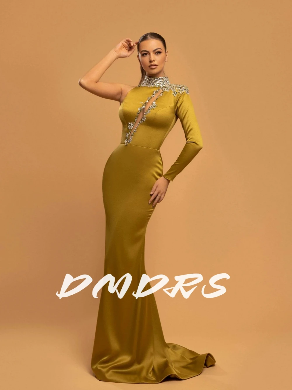 

Elegant One Sleeve Crystals Evening Dress Classic Satin Mermaid Intricate High Neckline Cut-out Women Prom Gown Customized