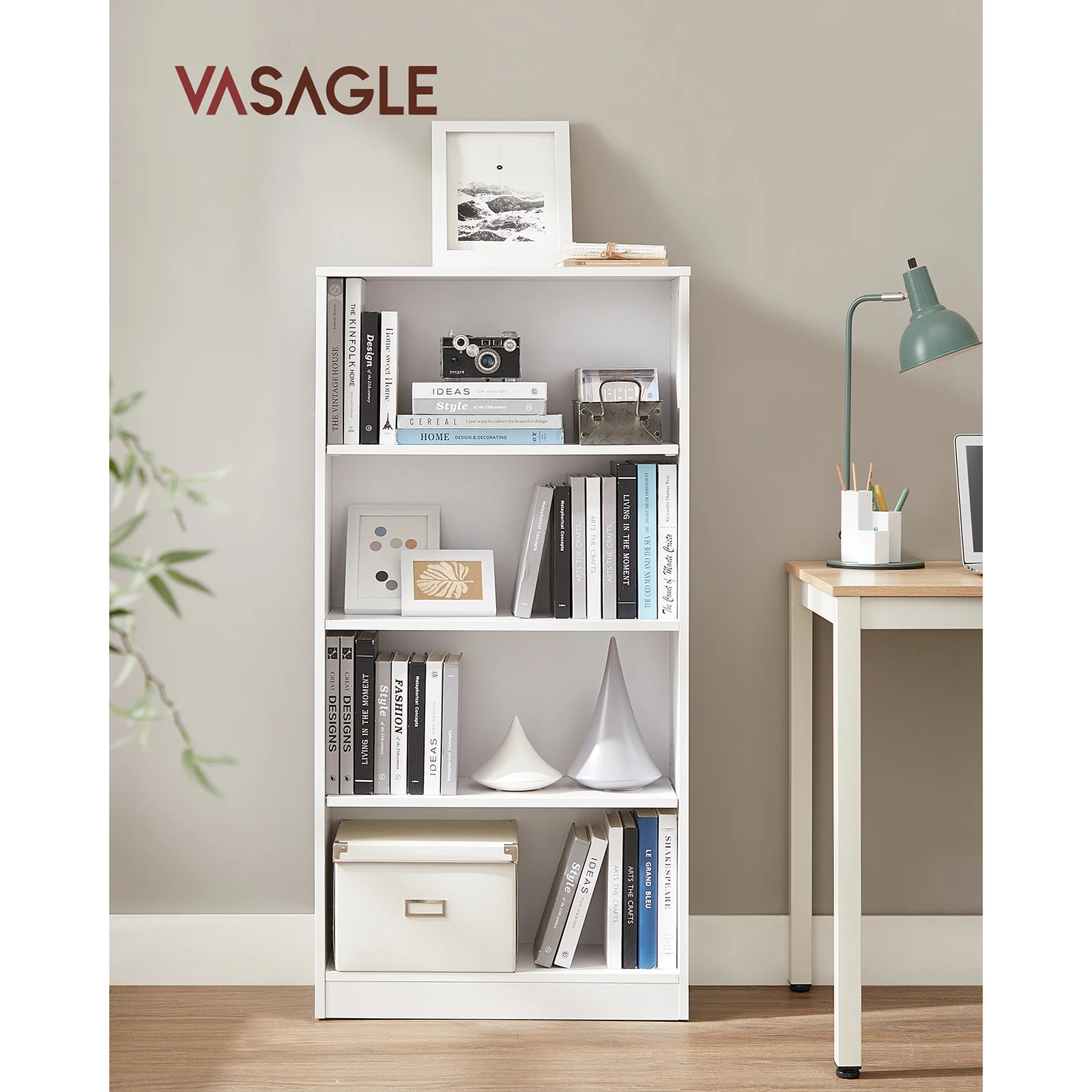 VASAGLE 4-Tier Bookcase, Adjustable Shelves, Children's Bookshelf for Home Office, 60 x 24 x 121 cm, White