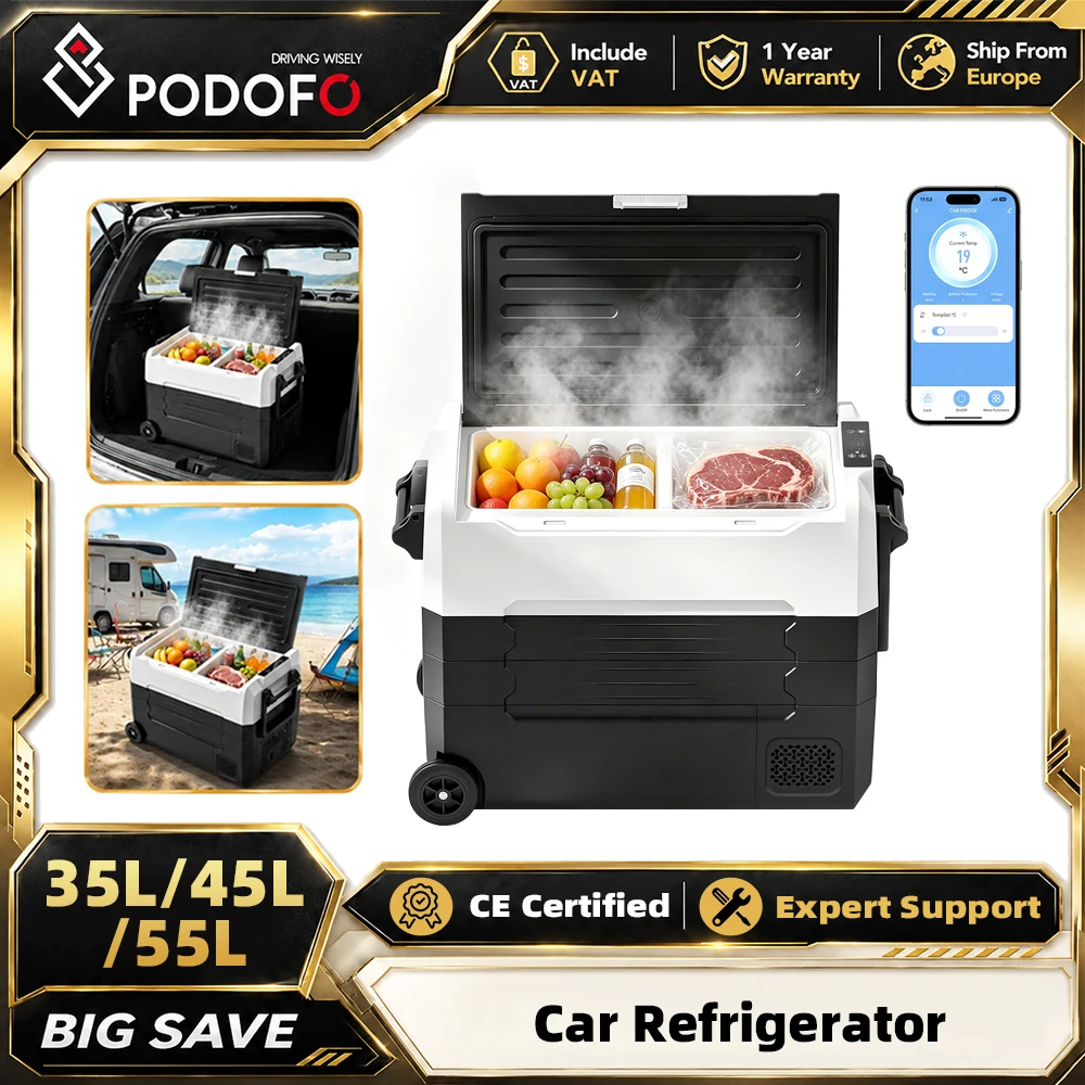 Podofo 35L 45L 55L Auto-Kühlschrank 12V Kompressor-Kühl-Gefrierschrank 12/24V DC 100-240V AC Tragbarer Kühler für Camping, Reisen, Outdoor, Zuhause, LED-Display Kühl-Gefrierschrank