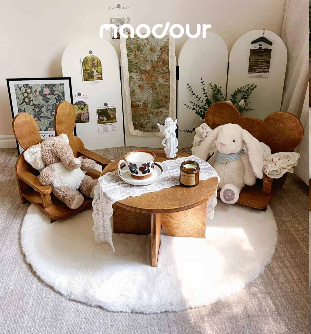 Newborn Photography Vintage Wood Coffee Round Table with Bunny Chair Set Baby Shooting Props Bedside Decor Photoshoot Props