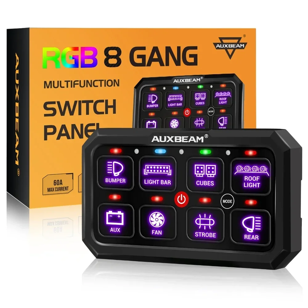 AUXBEAM 8 Gangs RGB Lights On-Off Switch Panel 5inch TOGGLE/ MOMENTARY/ PULSED MODE SUPPORTED Universal Electronic Power Control