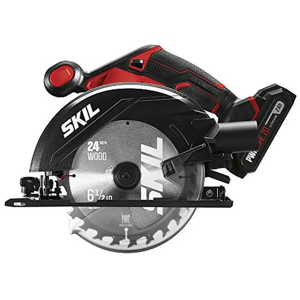 20V Cordless Circular Saw 6-1/2 Inch Blade with 2.0Ah Lithium Battery and Charger Fast Clean Cuts Visor Straight Lines Bevel