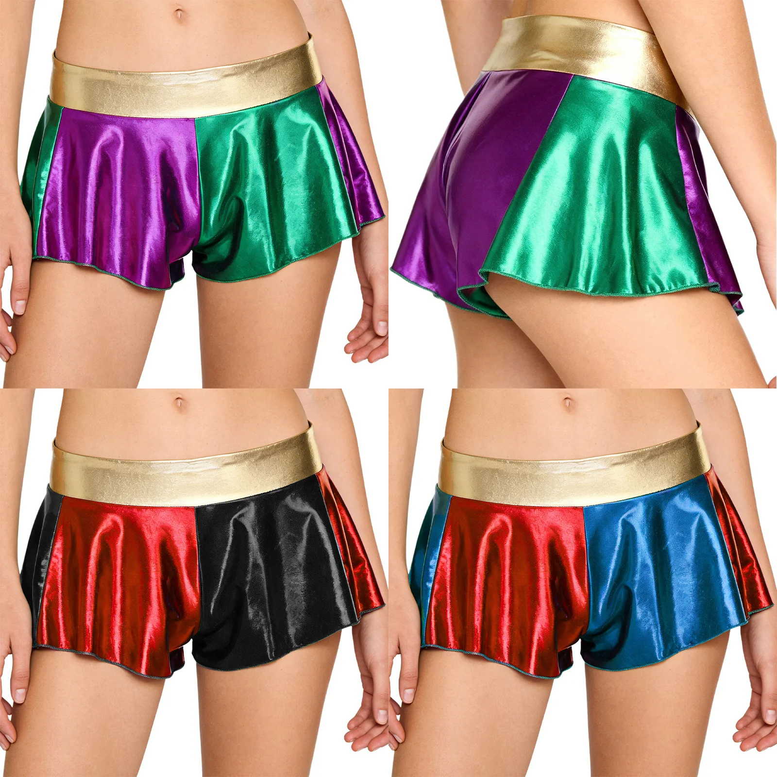 女性用メタリックシャイニーホットパンツ、パネル付きブーティーショーツ、チーキーショーツ、チアリーディング、ダンス、レイブ、音楽フェス、ステージパフォーマンス用