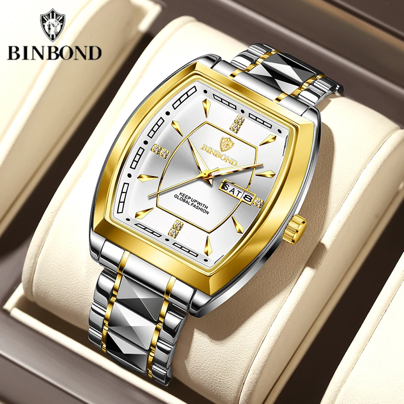 BINBOND Gold Quartz Watch For Men Tonneau Dial Luxury Diamond Stainless Steel Band Waterproof Luminous Top Brand Men Wristwatch