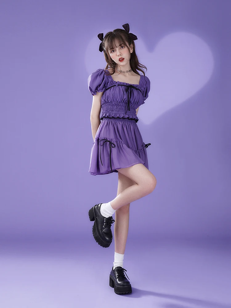 Chiffon Square Neck Puff Sleeve Summer New Purple Bow Short Top Temperament Age Reduction Versatile High Waist Princess Skirt