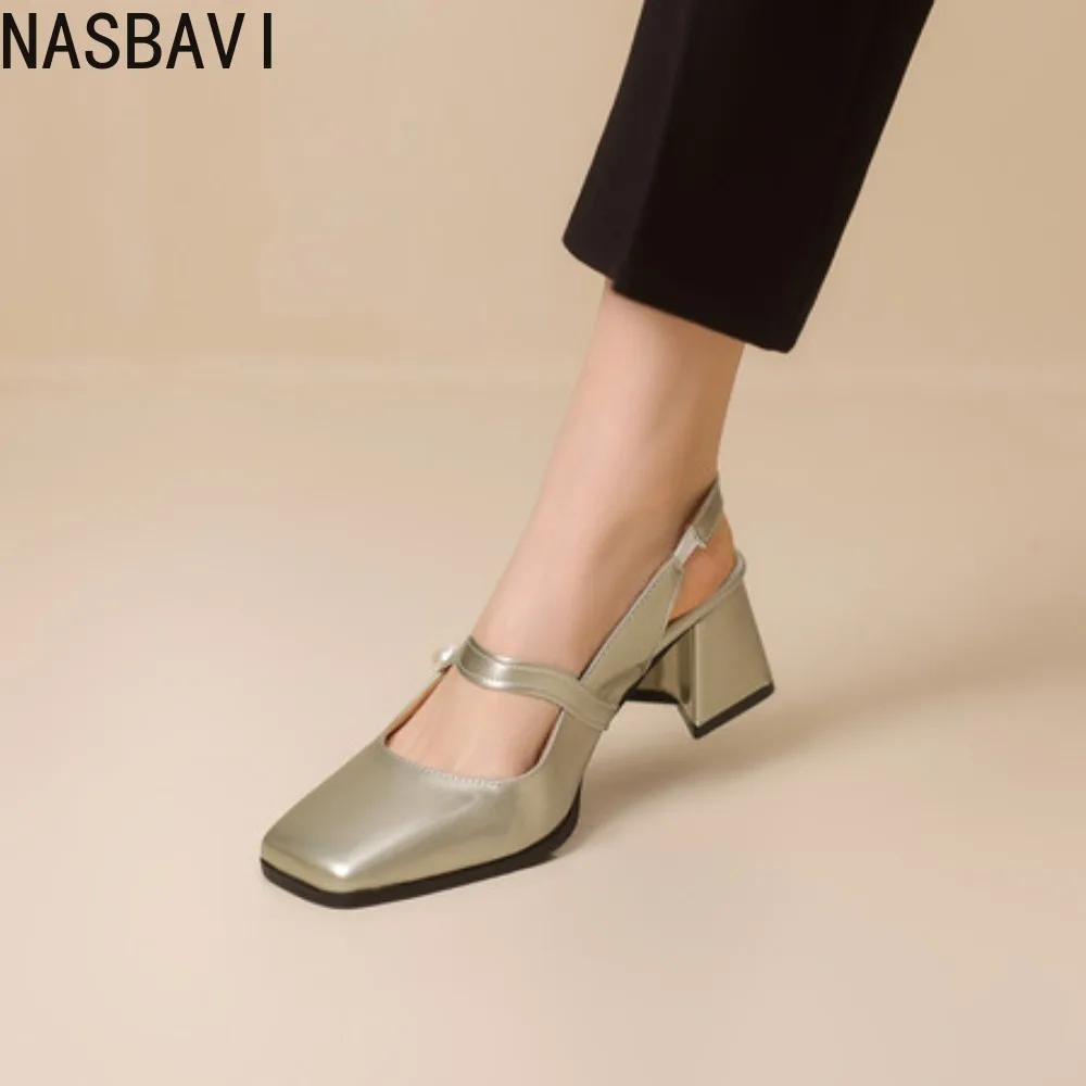 NASBAVI أزياء النساء مضخات Slingback الصنادل ساحة تو براءات الاختراع والجلود كتلة عالية الكعب ماري جين أحذية السيدات الذهب والفضة